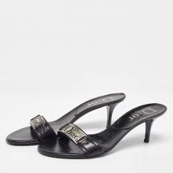 Dior Black Leather Logo Metal Slide Sandals Size 41