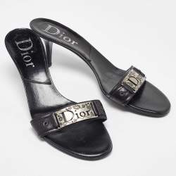 Dior Black Leather Logo Metal Slide Sandals Size 41
