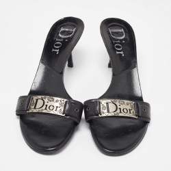 Dior Black Leather Logo Metal Slide Sandals Size 41