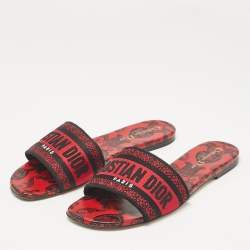 Dior Red/Black Canvas Dway Flat Slides Size 39