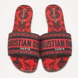 Dior Red/Black Canvas Dway Flat Slides Size 39