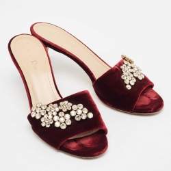 Pre Owned Dior Burgundy Velvet Crystal Embellished Slide Sandals Size 41