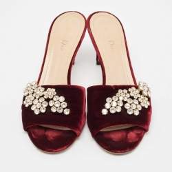 Pre Owned Dior Burgundy Velvet Crystal Embellished Slide Sandals Size 41