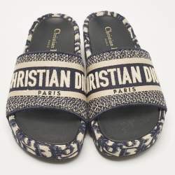 Dior Navy Blue/White Embroidered Canvas D-Way Platform Sandals Size 36