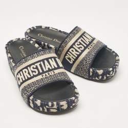 Dior Navy Blue/White Embroidered Canvas D-Way Platform Sandals Size 36