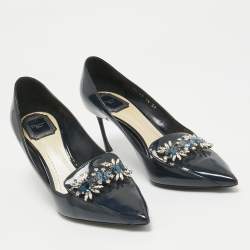 Pre Owned Dior Navy Blue Patent Leather Dianeme Crystals Pointed Toe Pumps Size 39