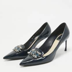 Pre Owned Dior Navy Blue Patent Leather Dianeme Crystals Pointed Toe Pumps Size 39
