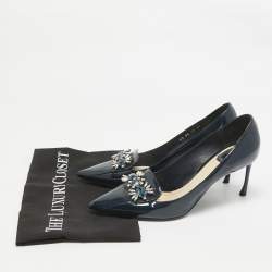 Pre Owned Dior Navy Blue Patent Leather Dianeme Crystals Pointed Toe Pumps Size 39