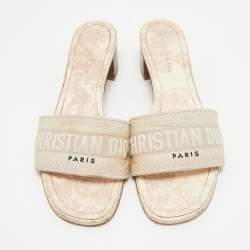 Dior Pink/White Embroidered  Canvas Dway Slide Sandals Size 39