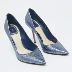 Dior Metallic Blue Cannage Patent Leather Cherie Pointed Toe Pumps Size 38