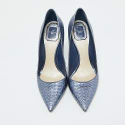 Dior Metallic Blue Cannage Patent Leather Cherie Pointed Toe Pumps Size 38