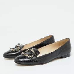 Dior Black Croc Embossed Leather Crystal Embellished Slip On Loafers Size 40.5