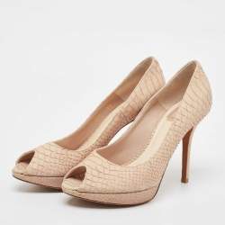Dior Beige Embossed Python Peep Toe Platform Pumps Size 38.5