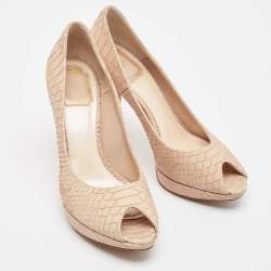 Dior Beige Embossed Python Peep Toe Platform Pumps Size 38.5