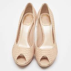 Dior Beige Embossed Python Peep Toe Platform Pumps Size 38.5