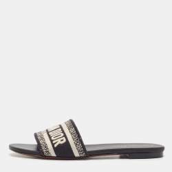 Pre Owned Dior White/Navy Blue Canvas Dway Flat Sandals Size 38
