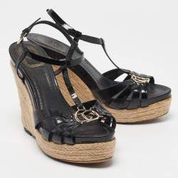 Dior Black Patent Leather Wedge Sandals Size 39