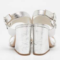 Dior Silver/White Leather Ankle Strap Sandals Size 38