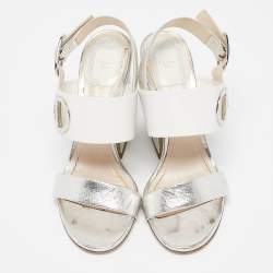 Dior Silver/White Leather Ankle Strap Sandals Size 38