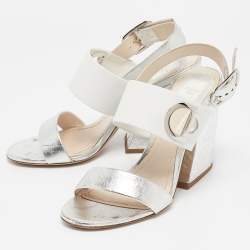 Dior Silver/White Leather Ankle Strap Sandals Size 38