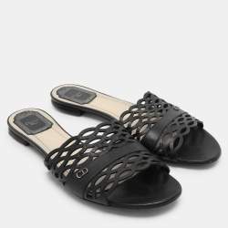 Pre Owned Dior Black Laser Cut Leather Flat Slides Size 39