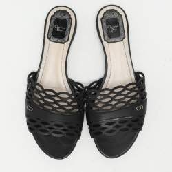 Pre Owned Dior Black Laser Cut Leather Flat Slides Size 39