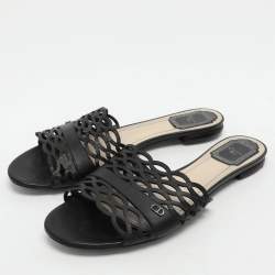 Pre Owned Dior Black Laser Cut Leather Flat Slides Size 39