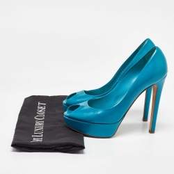Dior Blue Patent Leather Miss Dior Peep Toe Platform Pumps Size 38.5