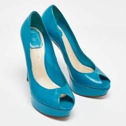 Dior Blue Patent Leather Miss Dior Peep Toe Platform Pumps Size 38.5