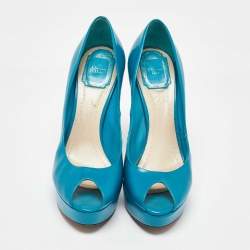 Dior Blue Patent Leather Miss Dior Peep Toe Platform Pumps Size 38.5