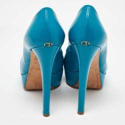 Dior Blue Patent Leather Miss Dior Peep Toe Platform Pumps Size 38.5