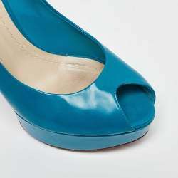 Dior Blue Patent Leather Miss Dior Peep Toe Platform Pumps Size 38.5