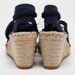 Dior Navy Blue Canvas and Knit Fabric Granville Wedge Sandals Size 35