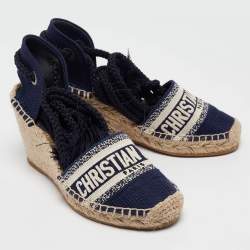 Dior Navy Blue Canvas and Knit Fabric Granville Wedge Sandals Size 35