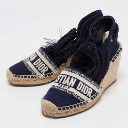 Dior Navy Blue Canvas and Knit Fabric Granville Wedge Sandals Size 35