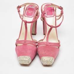 Dior Pink Suede Crystal Embellished T-Strap Sandals Size 37.5