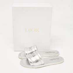 Dior Silver Leather Every-D Flat Slides Size 39