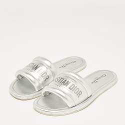 Dior Silver Leather Every-D Flat Slides Size 39