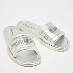 Dior Silver Leather Every-D Flat Slides Size 39