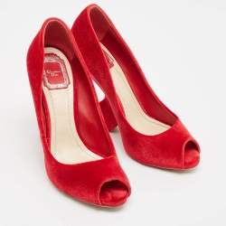 Dior Red Velvet Peep Toe Wedge Pumps Size 39