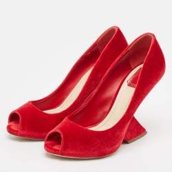Dior Red Velvet Peep Toe Wedge Pumps Size 39