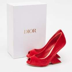 Dior Red Velvet Peep Toe Wedge Pumps Size 39