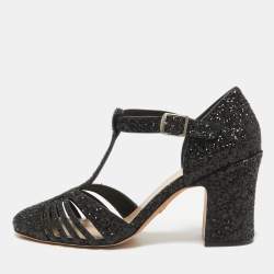 Pre Owned Dior Black Glitter Ankle Strap Block Heel Pumps Size 37.5