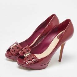 Dior Red Patent Leather Bow Platform Peep Toe Pumps Size 39.5