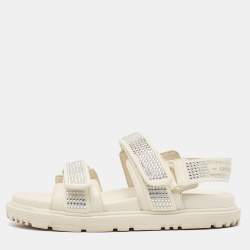 Pre Owned Dior Cream Crystal Embellished Fabric and Leather DiorAct Sandals Size 36.5