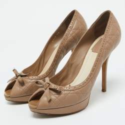 Pre Owned Dior Light Brown Cannage Leather Bow Peep Toe Pumps Size 40