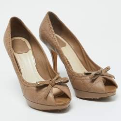 Pre Owned Dior Light Brown Cannage Leather Bow Peep Toe Pumps Size 40