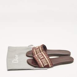 Pre Owned Dior Burgundy/Beige Embroidered Canvas Dway Flat Slides Size 37