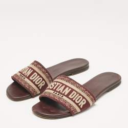 Pre Owned Dior Burgundy/Beige Embroidered Canvas Dway Flat Slides Size 37