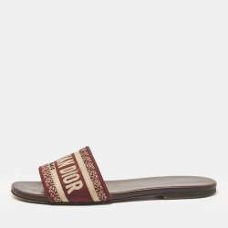 Pre Owned Dior Burgundy/Beige Embroidered Canvas Dway Flat Slides Size 37